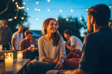 Group of friends laughing and enjoying drinks at outdoor bar during summer evening - Powered by Adobe