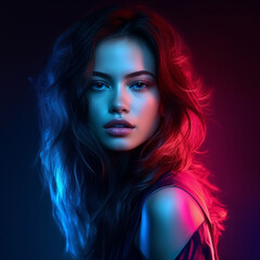 Fototapeta premium A stylish lady with vibrant multitude of neon red blue color fashion accessories, takes center stage in a close-up portrait against a lively background. Generative AI.