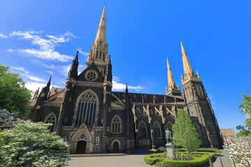 North side facade, forecourt, doorway, central spire and flanking towers of the St.Patrick's Cathedral. Melbourne-Australia-956 - obrazy, fototapety, plakaty