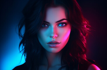 Fototapeta premium A stylish lady with vibrant multitude of neon red blue color fashion accessories, takes center stage in a close-up portrait against a lively background. Generative AI.