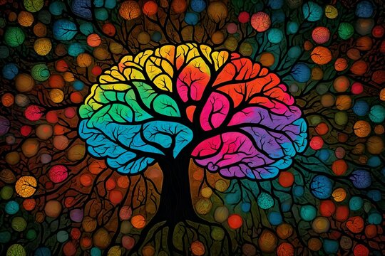 abstract tree with colorful lights, A colorful brain is shown with a tree in the middle.