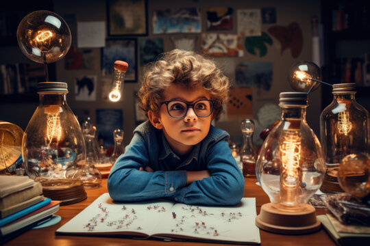 A young student brainstorming ideas for a school science fair project. Concept of student brainstorming. Generative Ai.