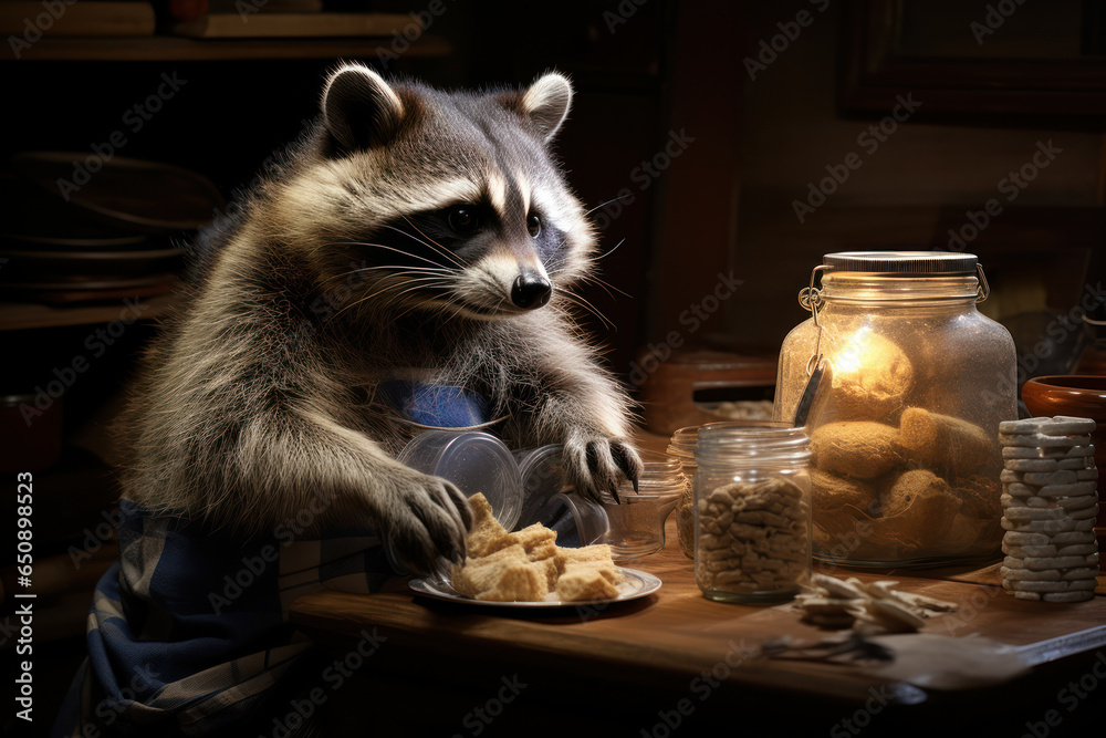 Sticker A chubby raccoon with a cookie jar stuck on its head, caught in the act of late-night snacking. Concept of a masked bandit. Generative Ai.