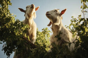 A pair of goats standing on their hind legs, reaching for leaves on a tree branch. Concept of determined grazers. Generative Ai.