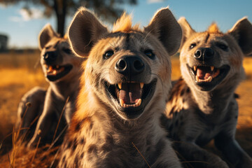 A group of giggling hyenas sharing a laugh while lounging in the savannah. Concept of social humor. Generative Ai.