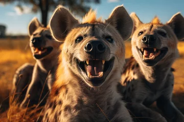 Foto op Plexiglas Hyena A group of giggling hyenas sharing a laugh while lounging in the savannah. Concept of social humor. Generative Ai.