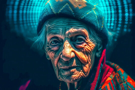 Generative AI image of elderly woman with hat looking at camera while standing in neon blue lights against dark background