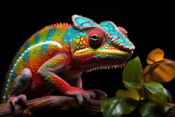 A cheeky chameleon showcasing an impressive rainbow of colors as it tries to blend in with various objects. Concept of chameleon camouflage. Generative Ai.