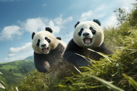 A pair of joyous pandas somersaulting down a hill, their black-and-white fur a striking contrast against the green grass. Concept of panda frolic. Generative Ai.