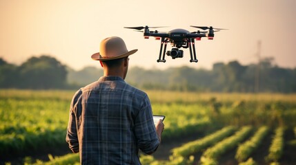 agricultural engineer piloting a drone to monitor in the field - obrazy, fototapety, plakaty