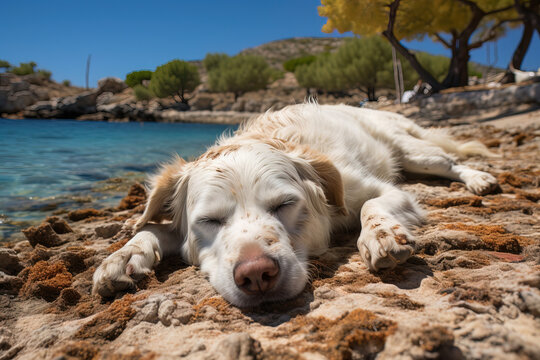 Generative AI image of adorable pet dog wearing lying on the sand beach with green bushes in sunlight