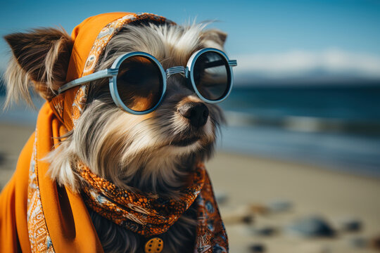 Generative AI image of adorable pet dog wearing with sunglasses looking away while sitting on blurred sandy beach with green bushes in sunlight