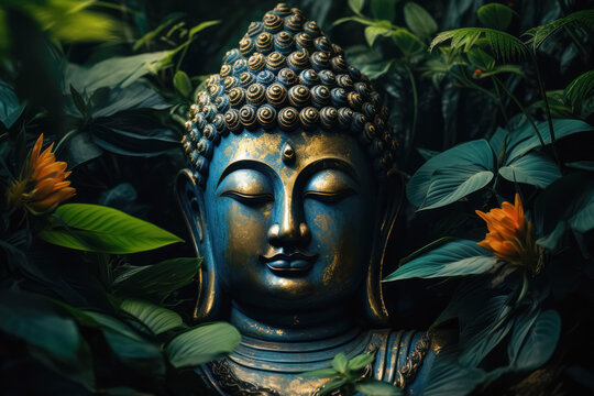 Generative AI illustration of stone Buddha sculpture with bright blooming flowers and greenery