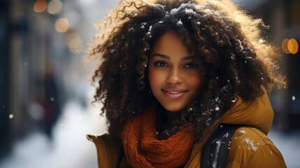 Young woman portrait. winter, on shoulder standing on city street in evening. In background there...