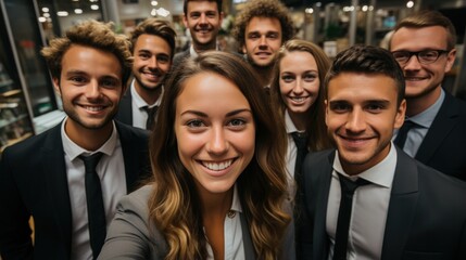 Fototapeta premium Office colleagues taking a celebratory selfie in a modern workspace.