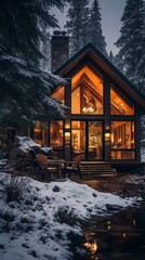 A cozy cabin surrounded by a winter wonderland