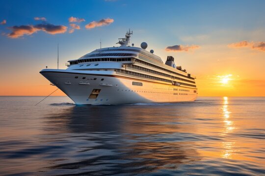 A luxurious cruise ship at sunset, gliding through calm, azure waters