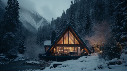 A cozy cabin nestled in a winter wonderland forest - obrazy, fototapety, plakaty