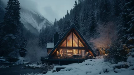 Foto op Canvas A cozy cabin nestled in a winter wonderland forest © cac_tus