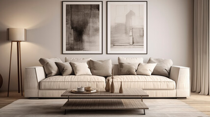 Greige Sofa with Light Gray Pillows in a Greige-Toned Room
