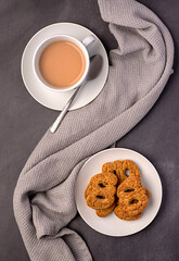 Food photography of tea with milk, coffee, cappuccino, shortbread, biscuit, wholemeal,  frollini,...
