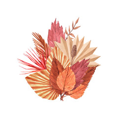 Watercolor realistic composition on autumn theme - bouquet of leaves. Hand-drawn illustration isolated on white background. Perfect for menu cafe, template natural food, cooking, packing food, card
