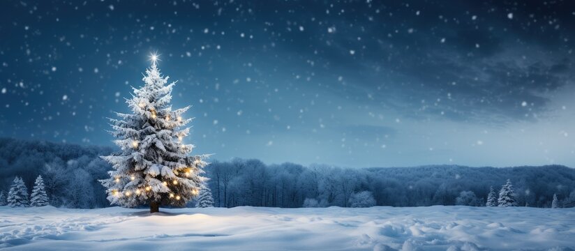 The snow covered Christmas tree contrasts with the dark blue backdrop