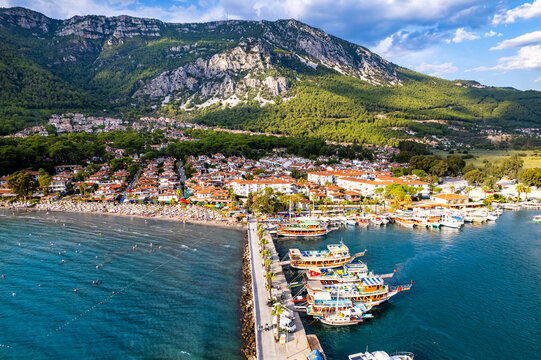 Akyaka District in Ula, Mugla, Turkey. Aerial view of Akyaka. Akyaka is situated at the Gulf of Gokova. Beautiful beach and coast view.