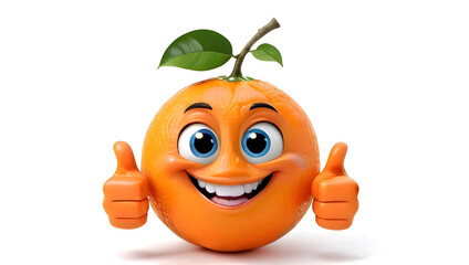 Happy smiling Orange character gives thumbs-up, funny cartoon orange character showing thumbs up with white background