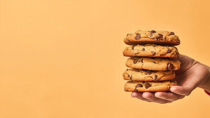 Hand holding chocolate chip cookies isolated on orange background, copyspace for text, American cookie - obrazy, fototapety, plakaty