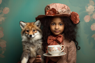 Little girl with her pet fox. Kids, animals, fairytale, room decoration. AI generative, illustration