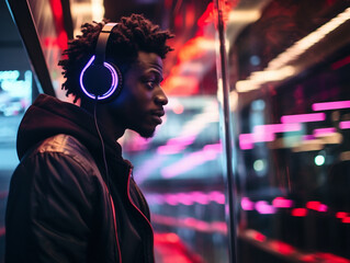 Young black man listening to music with headphones on night city street with neon lights.