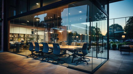 A conference room with glass walls and chairs, AI
