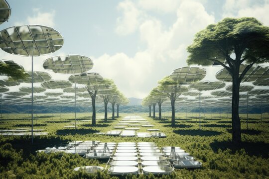 A shot of young trees and solar panels symbolizing the interaction of nature and technology