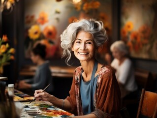 Senior lady enjoying her painting class looks at the camera and smiles