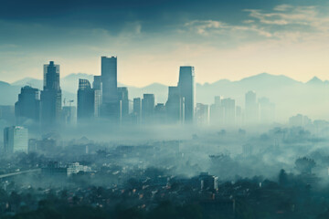 A bustling city skyline shrouded in smog and pollution, illustrating urban environmental challenges. Generative Ai.