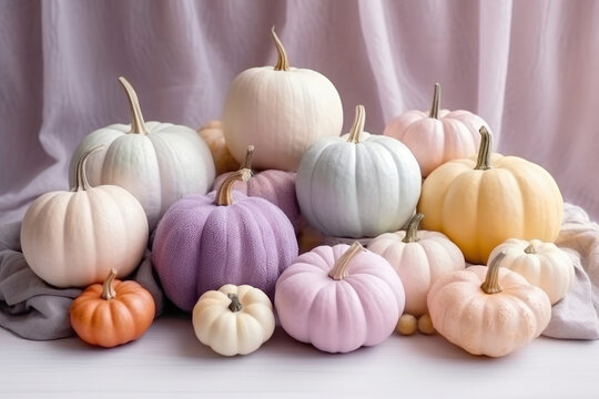 Beautiful pumpkins painted in soft pastel colors, for home decoration, modern and dreamy. halloween or thanksgiving advertisement in modern and minimalist style on light background.