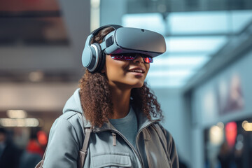 A virtual reality shopping experience where users can explore digital malls, interact with virtual sales representatives, and make purchases in a VR environment. Concept of VR malls. Generative Ai.