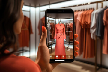 An augmented reality fitting room app that lets users virtually try on clothing and accessories before making an online purchase. Concept of AR fitting rooms. Generative Ai. - obrazy, fototapety, plakaty