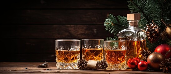 Festive drinks and Christmas decor on a wooden backdrop