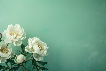 Beautiful composition spring flowers. Bouquet of peonies on a green background. Valentine's Day, Easter, Birthday, Happy Women's Day, Mother's Day. Flat lay, top view, copy space