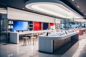 A modern smartphone shop with many different new phones. - obrazy, fototapety, plakaty