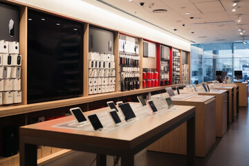 A modern smartphone shop with many different new phones. - obrazy, fototapety, plakaty
