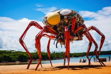 A monster made of plastic waste coming out of the ocean.