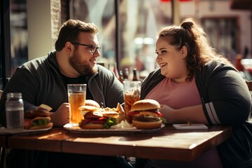 obesity and overeating two young obese people eat hamburger - obrazy, fototapety, plakaty