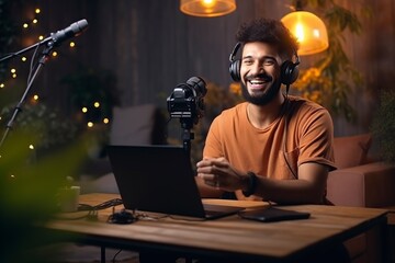 positive modern content creator indian man on a computer - obrazy, fototapety, plakaty
