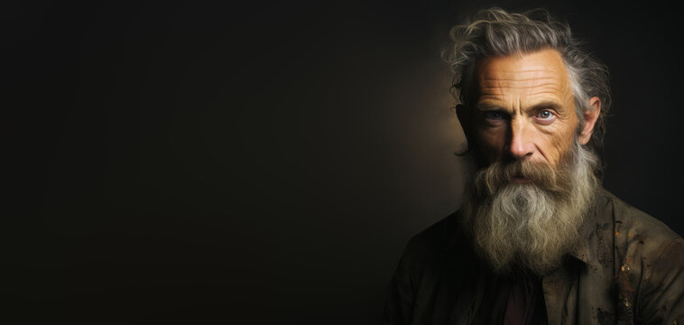 dark brown banner with an old man, gray hair, poverty, long beard, stare, rags, clothes, old age poverty, authentic, beggar, wise man, space for text, copy space, generative ai
