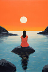 color block pastel illustration of woman from the back sitting in mindful meditating in nature by water/lake/ocean for peace/clarity/mental wellbeing/balance digital painting hand drawn look