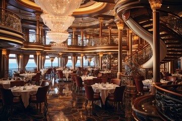 The elegant interior of a cruise ship's grand dining hall, adorned with crystal chandeliers and fine china - obrazy, fototapety, plakaty