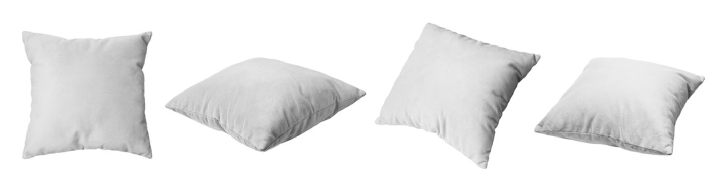 Decorative white rectangular pillow isolated on white, transparent background, PNG. Set of different angles of cushion for home interior decor, pillowcase mockup, template for design.